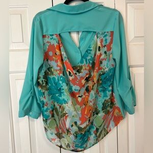 BCX Turquoise Floral Back Blouse, Medium